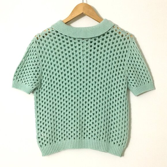 American Apparel Open Weave Knit Crop Tennis Shirt Sweater Top Seafoam Mint - M - Picture 3 of 8